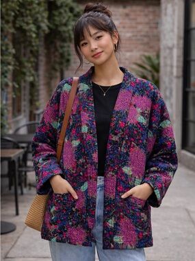 Quilted Kimono Jacket Size Large Made in Korea Bold Floral Purple Boho Casual
